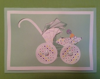Baby carriage, Note Card, hand crafted, 5" x 7", inside blank, Iris paper folding technique