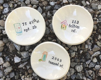 Personalized Dish, New Home, Housewarming, Keepsake, Small Dish, Ceramic Bowl, Pottery Bowl, Organic, Trinket Dish, Address, Name, Handmade