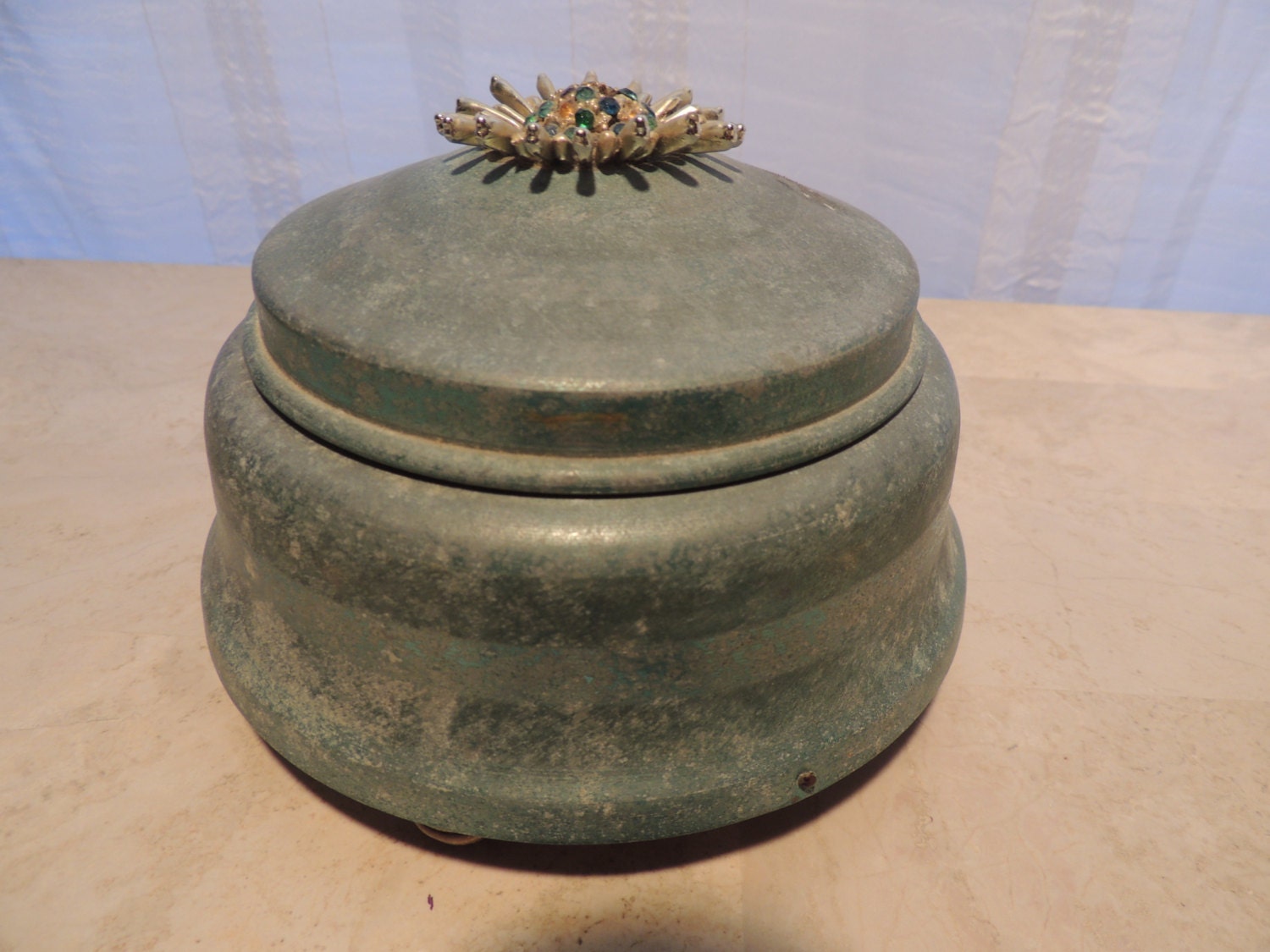 Thorens Metal Music Box Powder Box Vanity Decor Jewelry Box