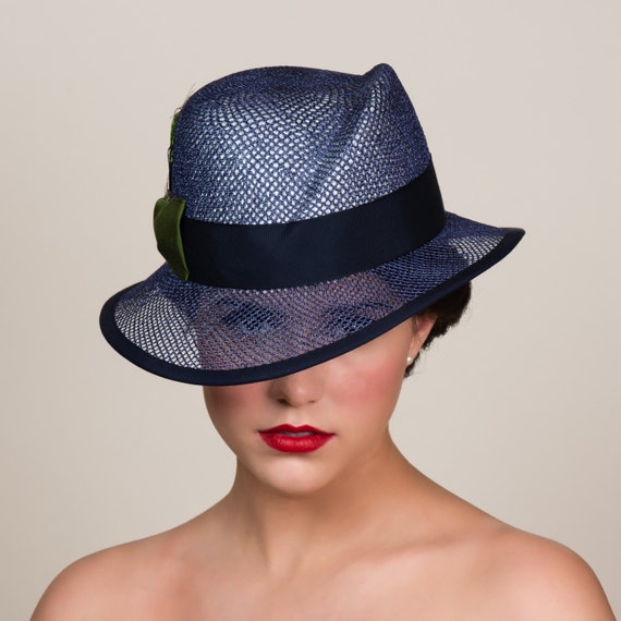 Navy Straw Summer Hat. Womens Fedora Variation. Creased Crown