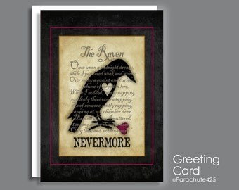 The Raven Card, macabre love, goth love, romantic card, literature card, Edgar Allan Poe, Nevermore, broken heart, lost love, goth Valentine