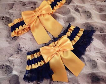 Yellow Gold Satin Navy Blue Lace Wedding Bridal Garter Toss Set