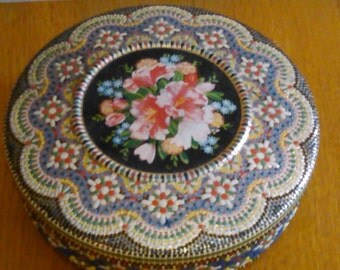 Mosiac Biscuit Cookie Tin Roses and Flowers