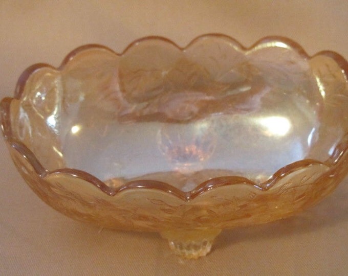 Marigold Amber Carnival Glass Footed Soap Trinket Oval Bowl Bonbon Dish, Carnival Glass Candy Dish, Amber Candy Dish, Marigold Glass Bowl