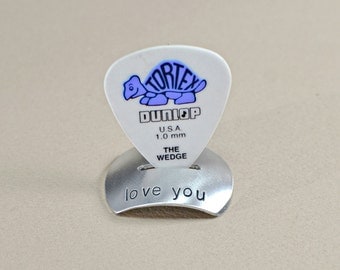 Aluminum guitar pick stand with handstamped I love you or your own custom message - GPS729