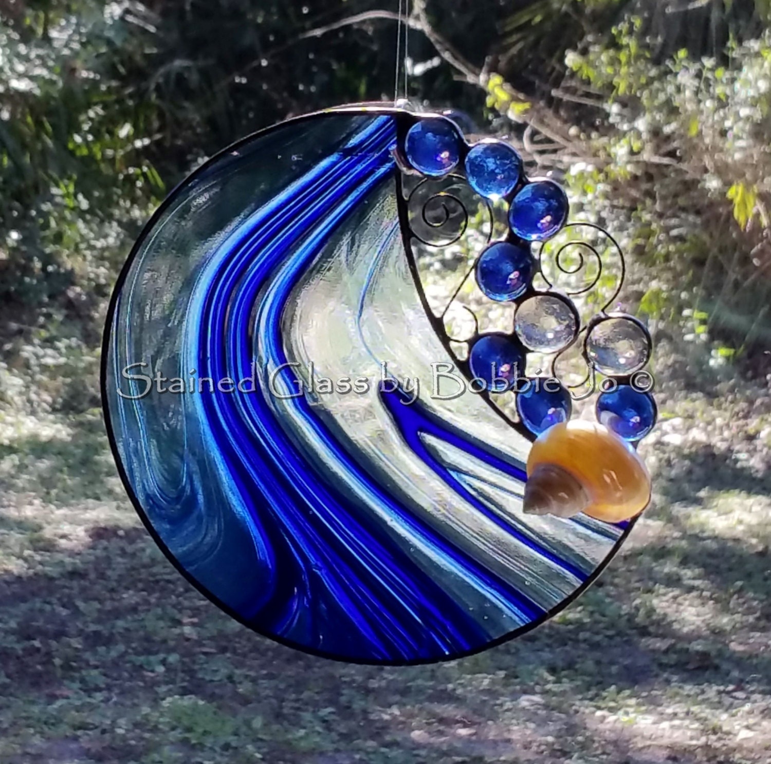 Handmade Round Stained Glass Suncatcher with glass bubbles and