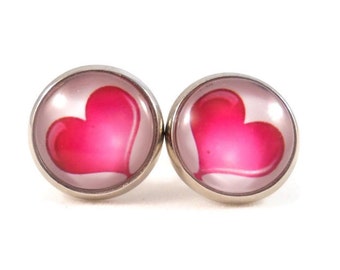 Pink Heart Earrings, Valentine Gifts, Heart Jewelry for Teen Girls, I Love You Gifts, Round Earrings, Photo Earrings, Cute Earrings Studs