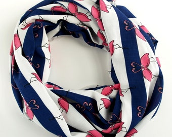 Pink Flamingo Infinity Scarf - Loop scarf - Cotton Scarves - Blue and White Scarves