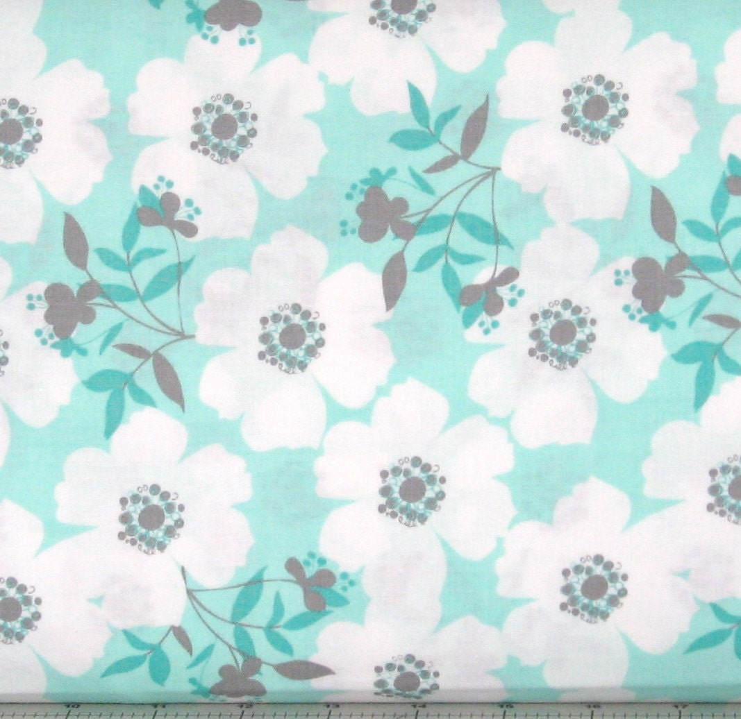 Mint Green Gray and White Floral Cotton Quilt Fabric by fabric406