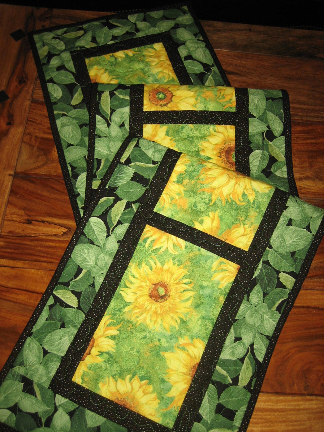 Quilted Table Runner Yellow Sunflowers On Green by TahoeQuilts