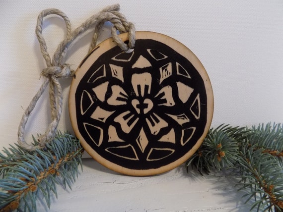 Luther's Rose Christmas Ornament - linocut relief print on wood