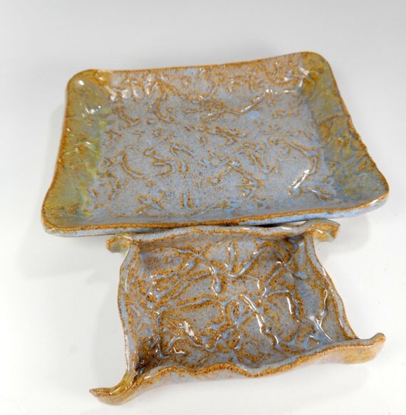 Ceramic serving tray set of 2 hand built pottery trays