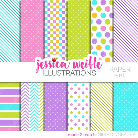 Girly Dinosaurs Cute Digital Papers Backgrounds for Invitations, Card Design, Scrapbooking, and Web Design Il_570xn