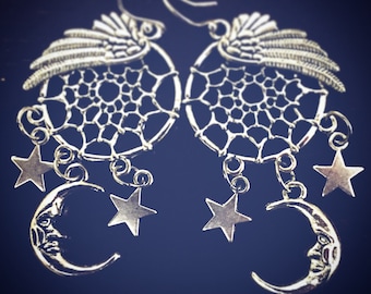 Long Moon and Stars Dreamcatcher Earrings / Angel Wings Gorgeous Boho Festival Style / Bohemian Burning Man / Crescent Moon Phase / Hippie