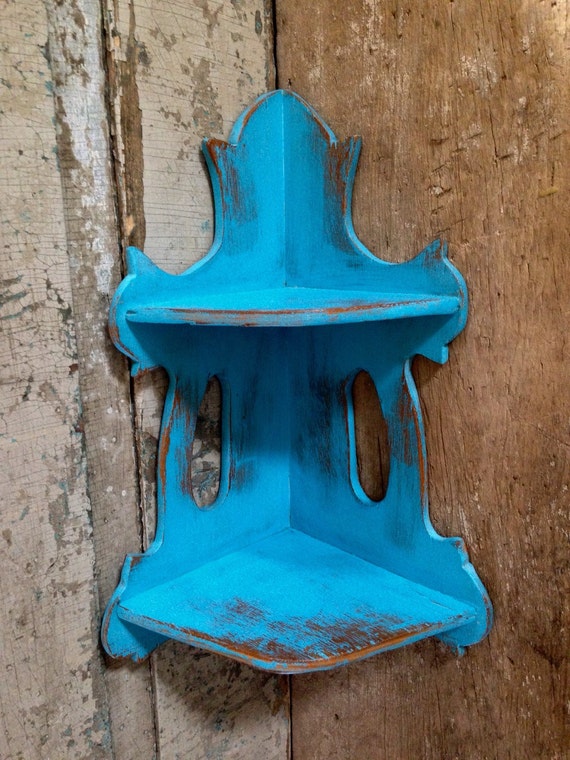 Turquoise Painted Distressed Corner Shelf