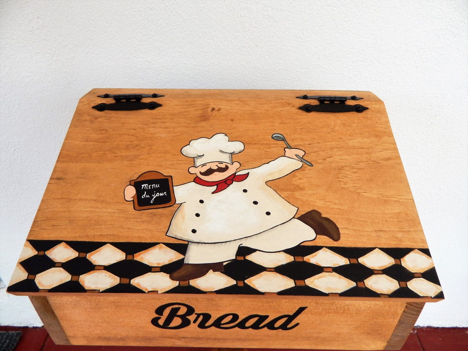 Bread Box, Wooden Bread Box, Hand Painted Box, Chef Decor, Storage for