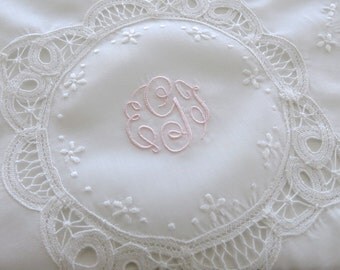 Battenberg Lace Wedding Handkerchief with 3-Initial Monogram