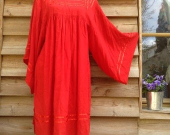 70s French VTG red cotton bell sleeves boho dress caftan