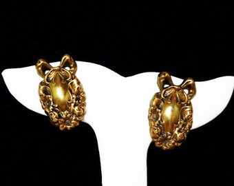 Victorian Clip on Earrings with a Wreath & Ribbon Bow Design - Pressed Metal - Hollow Ware Early 1900's Jewelry