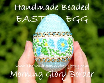 Handmade Beaded Easter Egg with Swarovski Crystals and 24K Gold Plated Seed Beads - Morning Glory Border