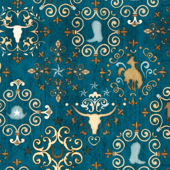 Quilting Treasures Unbridled Western Medallions Dark Teal fabric 1