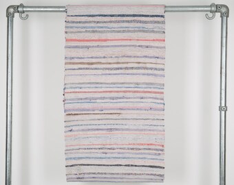 Rag Rug. Vintage Hungarian Hall Runner . Pink Red Blue Grey Stripe. Long Corridor Rug.