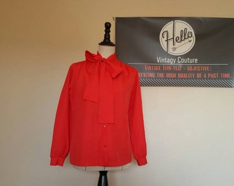 Vintage 70s Bright Red Bow Blouse! B-E-A-utiful!!