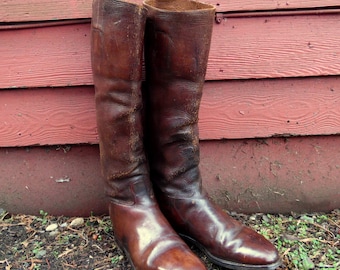 Vintage 40s Antique Chocolate Brown Leather Equestrian Riding Boots Mens 10