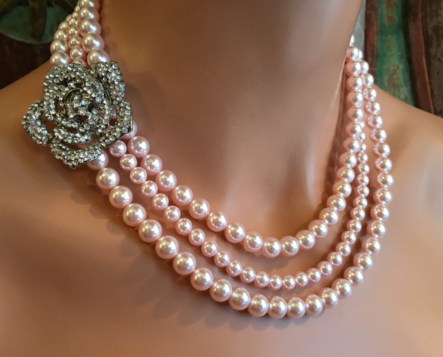 Blush Pearl Necklace with brooch with 3 multi strands Rosaline