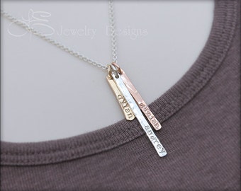 Hand Stamped Bar Necklace - gold silver rose gold vertical bar, skinny bar necklace, mother's necklace, mixed metal