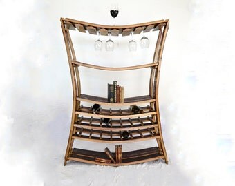 Wine Rack - RHONE - Wine Barrel Stave Wine Rack // Oak Wood Bookcase // Wine Glass Holder // Reclaimed Wood Furniture // Kitchen Winery