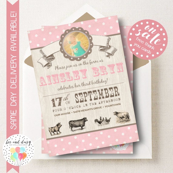 Pink Vintage Farm Birthday Invitation, Farm Invitation, Farm Party, Girl First Birthday, Girl Birthday, Farm Photo Invite, BeeAndDaisy Il_570xn