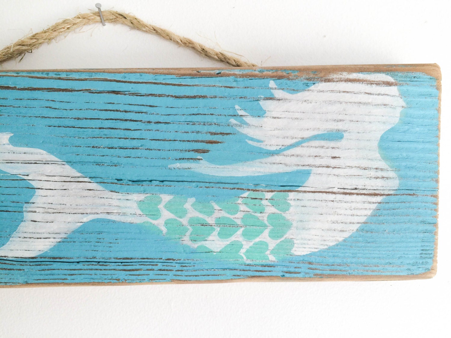 Mermaid Decor Wall Hanging Handpainted on Reclaimed Wood Beach
