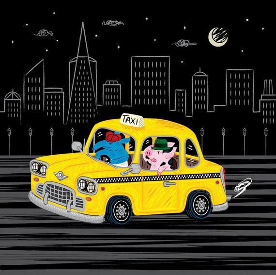 Taxi Ride - limited edition - animal illustration - wall art - black and yellow - art poster print by Oliver Lake - iOTA iLLUSTRATiON