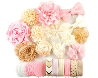 Headband Kit Light Pink, Beige, Ivory - Makes 12 Headbands - Baby Shower Station, Baby Headbands, DIY Headbands, Headband Making Kit