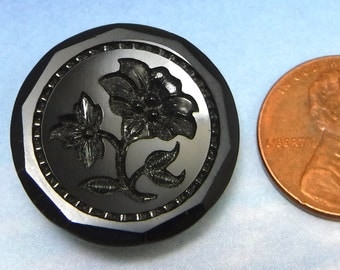 Black Antique Button Victorian Button 7/8 inch Large Glass Button Floral Button 92