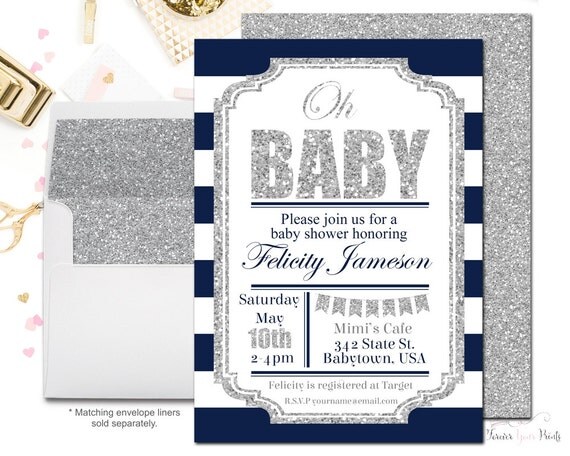 Navy and Silver Baby Shower Invitation, Baby Shower Invitation Boy, Printable Baby Shower Invite, Glitter Baby Shower, Silver Baby Il_570xn