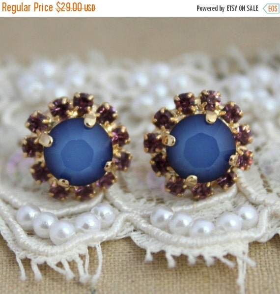 Crystal stud blue maroon earring - 14 k plated gold post earrings real ...