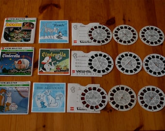 Vintage viewmaster reels Disney Cinderella Bambi Aristocats 63 stereo pictures 9 reels