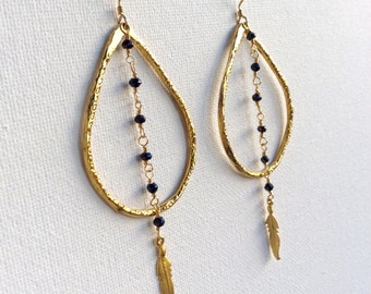 Purple Pyrite Teardrop Earrings in Gold Vermeil, Gold Teardrop Earrings, Gold Feather Earrings Bohemian Chic Jewelry by Indira Boheme