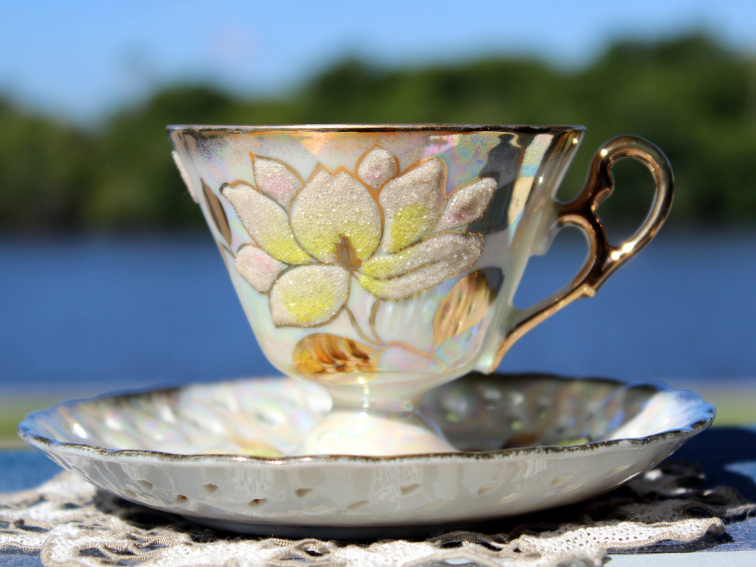 Iridescent Tea Cup Vintage Teacup Reticulated Saucer