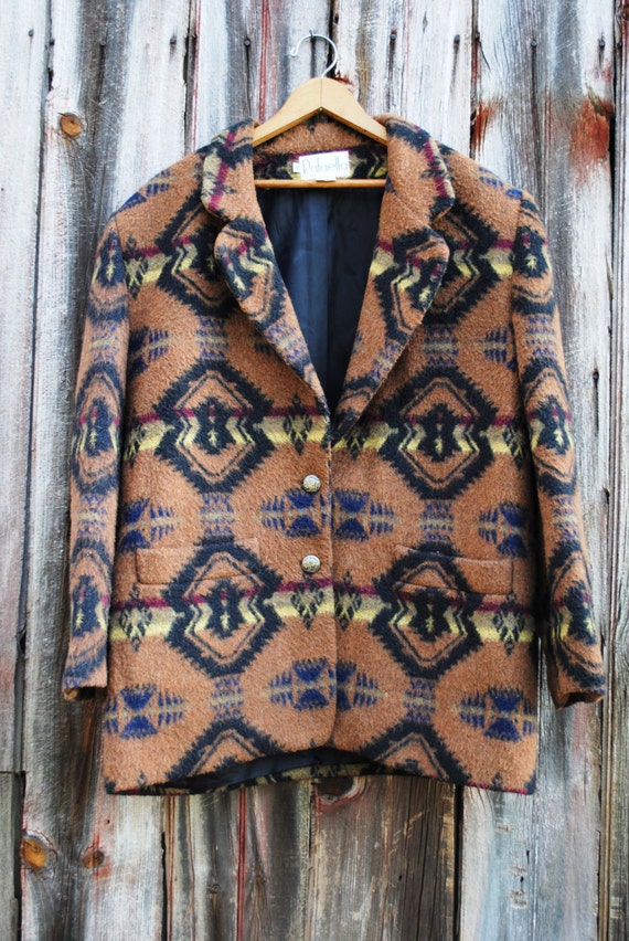 Southwest Wool Blanket Coat Blazer Jacket Large Tribal Print