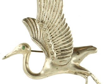 Vintage Sterling Mexico Mexican Lge Heavy Flying Crane Bird Turquoise Eye 3.25"