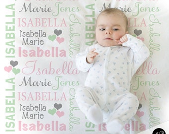 Hearts Name Blanket in pink mint and gray for Baby Girl, personalized baby gift, blanket, baby blanket, personalized blanket, choose colors