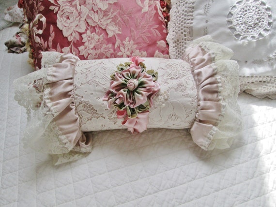 Items similar to shabby chic pink lace pillow bolster round ribbon embroidery cushion on Etsy