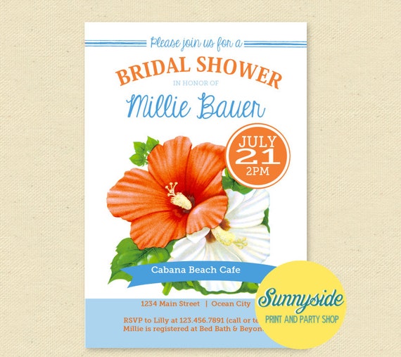 Luau Summer Bridal Shower Invitation, Hawaiian, Tropical beach Bridal Shower Invite, Printable, Hibiscus Il_570xn