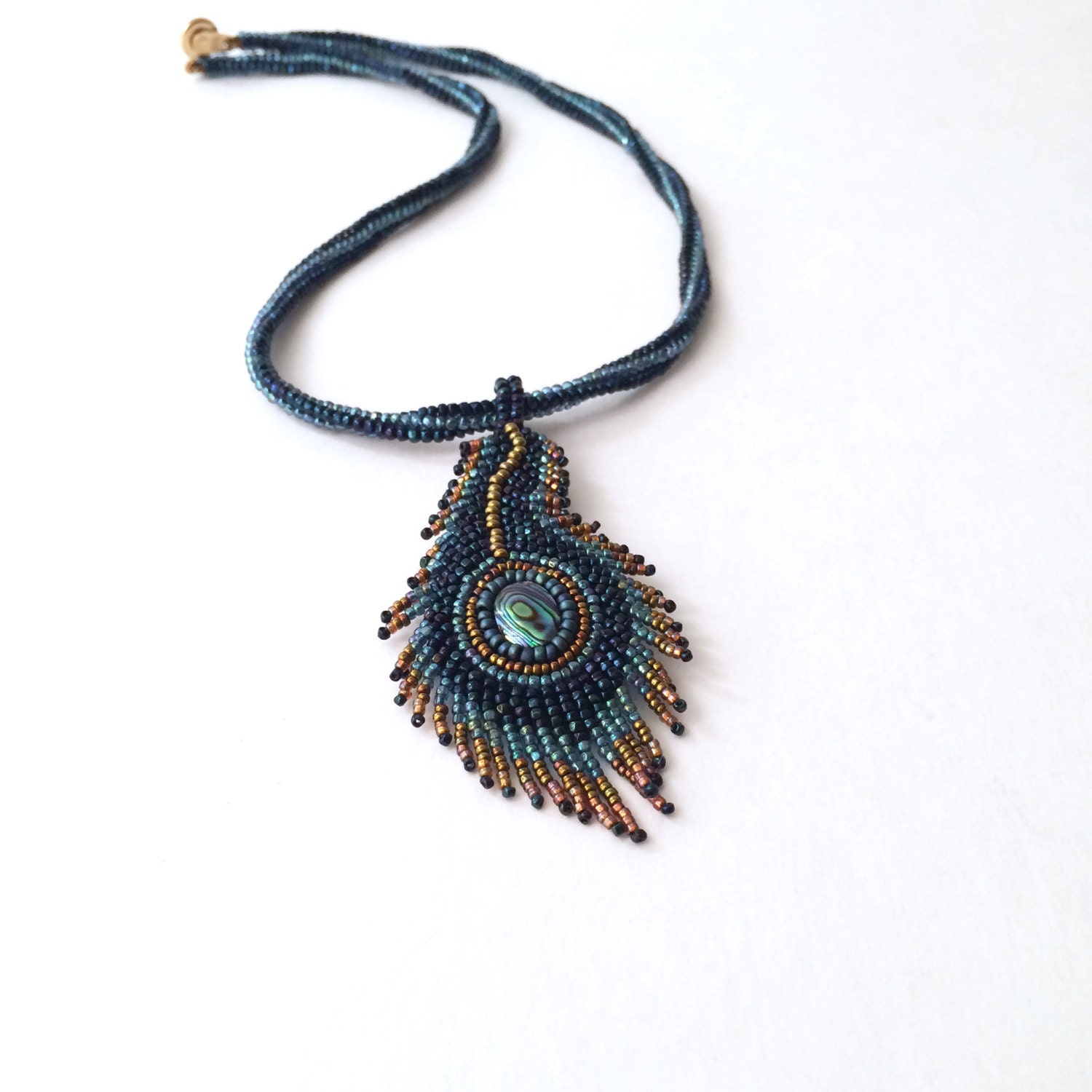 Peacock feather bead embroidery necklace with paua cabochon