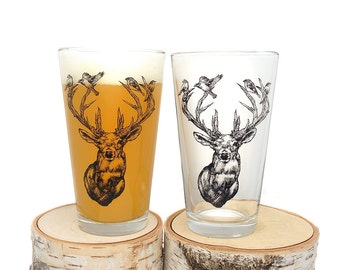 Deer with Birds in Antlers - Screen Printed Glass - Set of two 16oz. Pint Glasses
