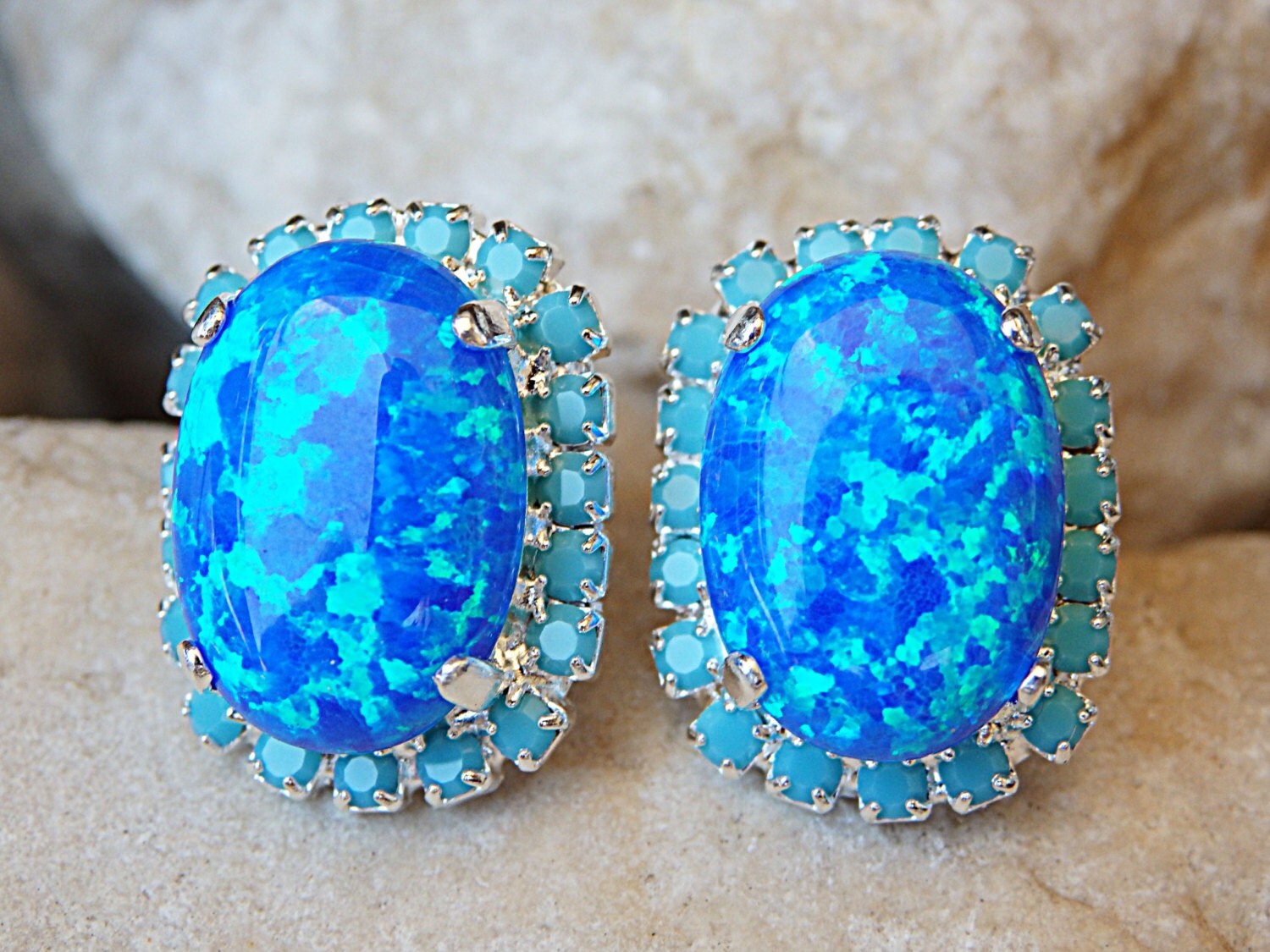 Blue Opal Earrings. Turquoise Opal Silver Earrings Oval Fire
