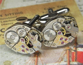 Steampunk Cufflinks Cuff Links - TORCH SOLDERED - Vintage Silver BENRUS Watch Movements w Crowns - Wedding Anniversary Gift - Stunning